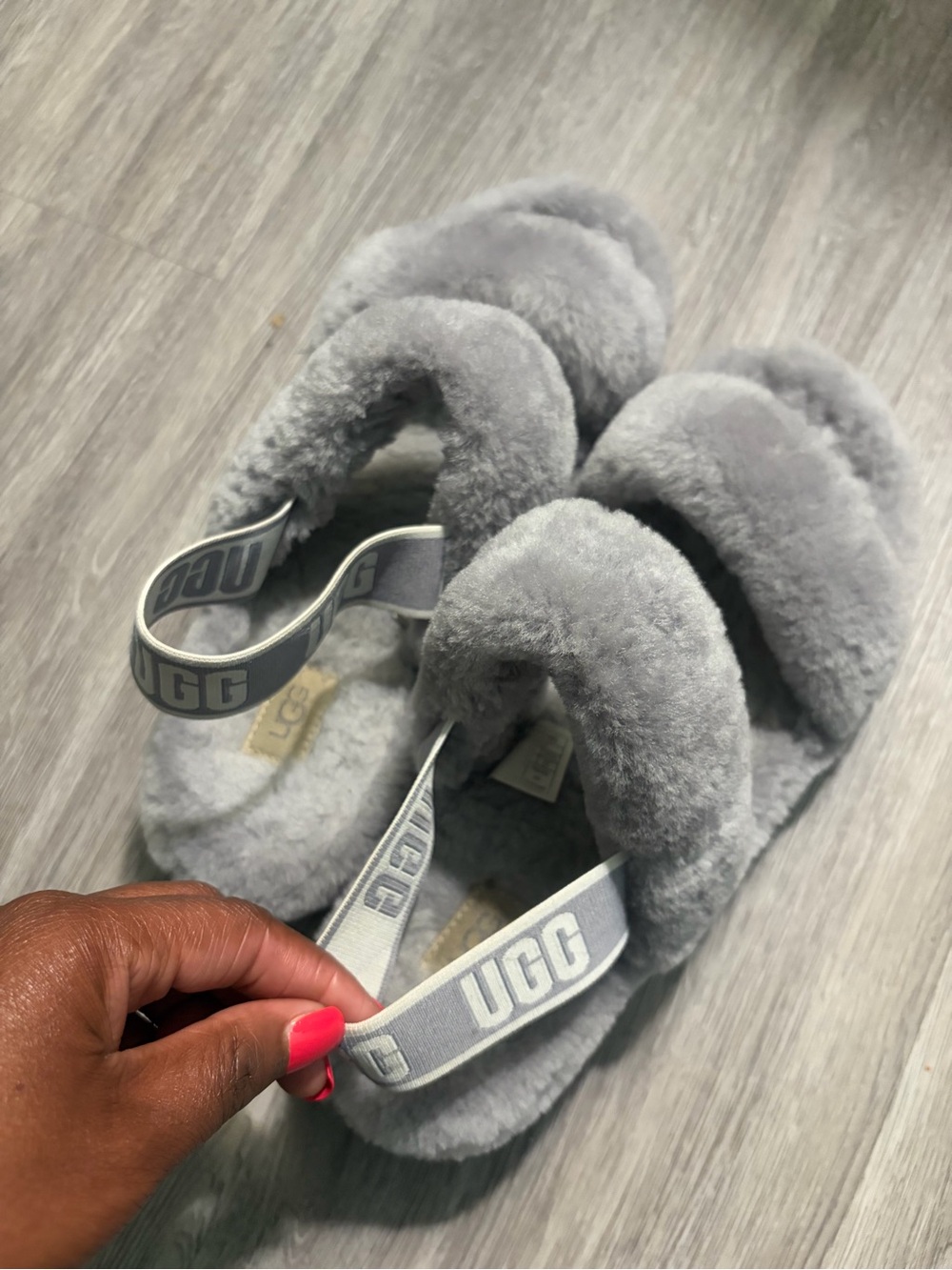 UGG Plush Crossover Slide Sandals in Light Gray with Branded Heel Strap